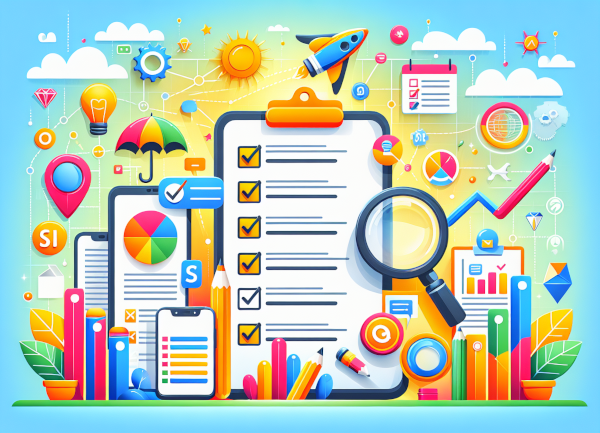 Eine Illustration, die Tipps zur Verbesserung des Website-Rankings darstellt, einschließlich SEO-Tools und Inhalte