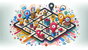 Eine Illustration, die das Konzept von Google Maps SEO darstellt, einschließlich Karten und Rankings