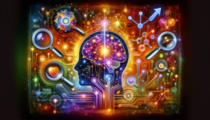 Eine Illustration, die das Konzept von KI-SEO darstellt, mit Symbolen für künstliche Intelligenz und Suchmaschinenoptimierung