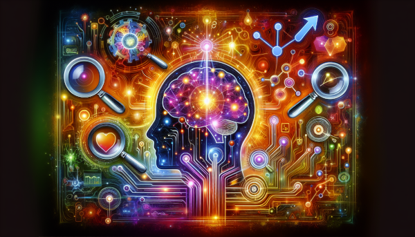 Eine Illustration, die das Konzept von KI-SEO darstellt, mit Symbolen für künstliche Intelligenz und Suchmaschinenoptimierung