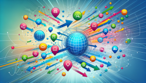 Eine Illustration, die den Prozess des Domainumzugs darstellt, mit Symbolen für Domains und Internetadressen