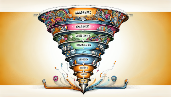 Eine grafische Darstellung eines Conversion Funnels, die verschiedene Phasen zeigt