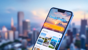 Ein Smartphone, das die Google Bildersuche zeigt, während ein Bild hochgeladen wird