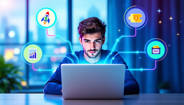 Eine Person, die am Computer arbeitet und nach Möglichkeiten sucht, online Geld zu verdienen