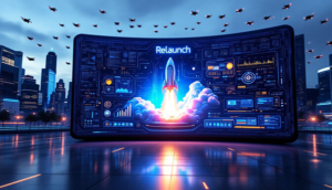 Eine grafische Darstellung, die den Begriff 'Relaunch' in einem digitalen Kontext erklärt