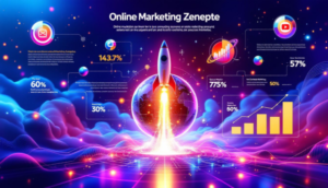 Eine grafische Darstellung von Online Marketing Konzepten, einschließlich digitaler Werbung und Social Media Marketing