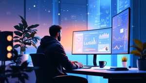 Eine Person, die an einem Computer arbeitet und eine Keyword-Recherche für das Google-Ranking durchführt