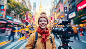 Ein Vlogger, der ein Video aufnimmt und seine Kamera auf einem Stativ platziert