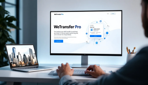 Eine Person, die die Vorteile und Funktionen von WeTransfer Pro auf einem Laptop erkundet, um große Dateien zu versenden