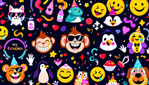 Eine bunte Sammlung von verschiedenen Emojis, die Smileys und Tiere darstellt