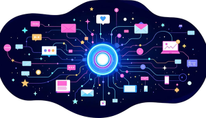 Eine Illustration, die das Konzept des Multichannel Marketings zeigt, einschließlich verschiedener Vertriebskanäle