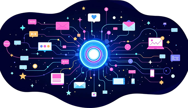 Eine Illustration, die das Konzept des Multichannel Marketings zeigt, einschließlich verschiedener Vertriebskanäle