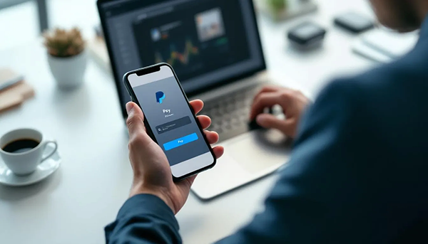 Eine Person, die online mit ihrem PayPal-Konto einkauft.